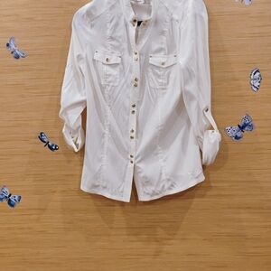 Cache Silk White Button-Up Blouse